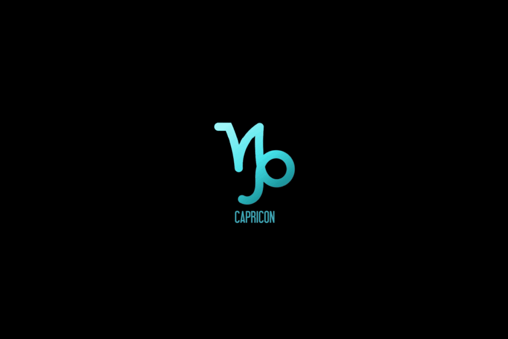 Ilustração do signo de capricórnio em azul, com o nome do signo abaixo, centralizado em fundo preto