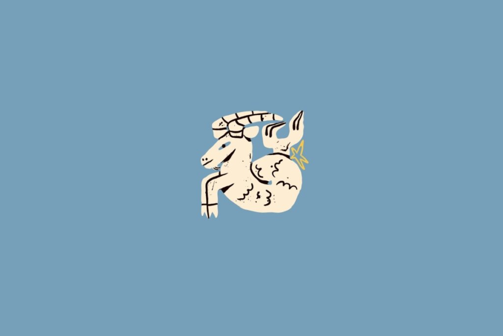 Ilustração de uma cabra em amarelo-claro sobre um fundo azul-claro