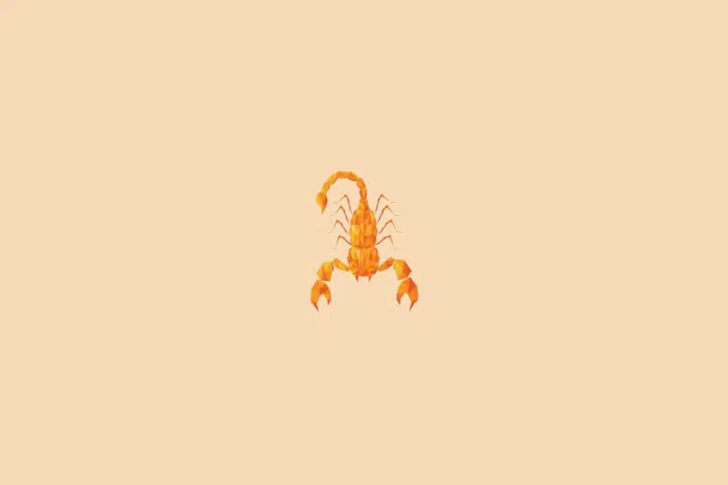 Ilustração do signo de escorpião, na cor laranja, centralizado em um fundo laranja-claro