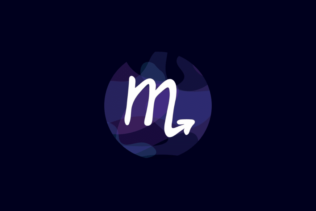 Ilustração do símbolo do signo de Escorpião em branco, centralizado sobre um círculo com tons de azul e roxo, em fundo azul-escuro.