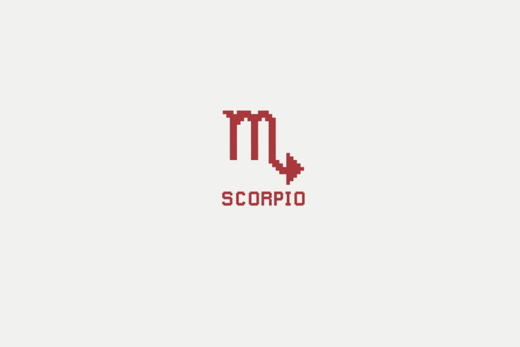 Ilustração do signo de escorpião em vermelho e com o nome abaixo, centralizado em um fundo cinza-claro