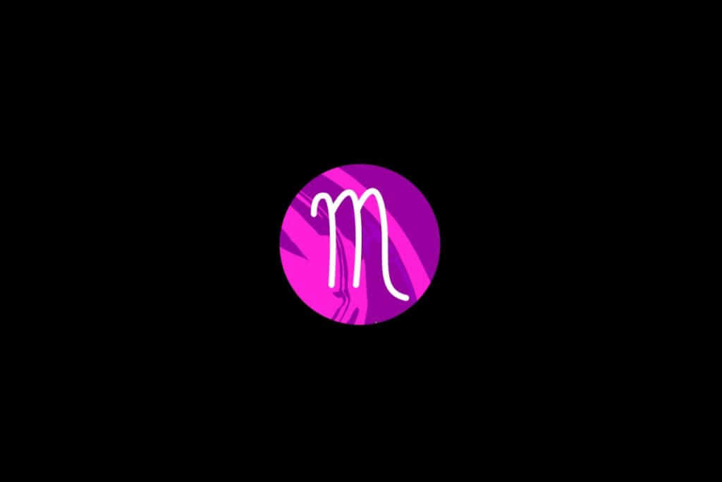 Ilustração do signo de escorpião, dentro de um círculo rosa, sobre um fundo preto