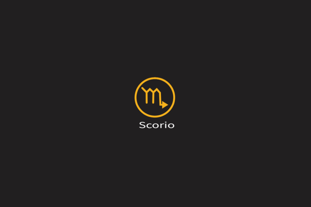 Ilustração do signo de escorpião em amarelo, dentro de um círculo da mesma cor, centralizado em fundo preto