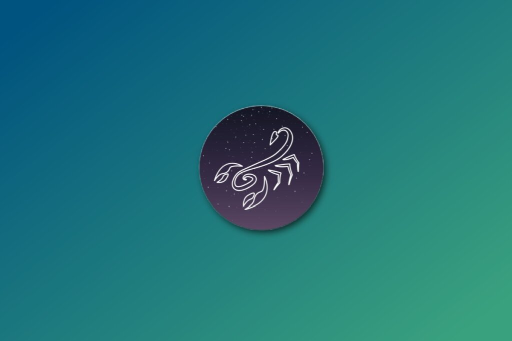círculo azul com ilustração branca de um escorpião representando o signo de escorpião sobre fundo verde