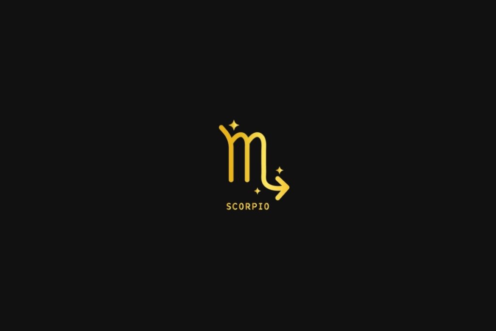 Ilustração do signo de escorpião em dourado, sobre um fundo preto, com estrelas ao redor