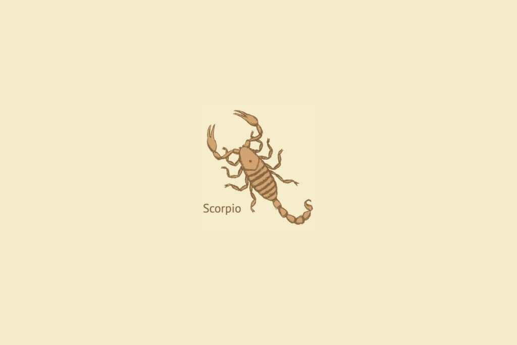 Ilustração do signo de escorpião centralizado, com o nome do signo embaixo, em um rosa-salmão