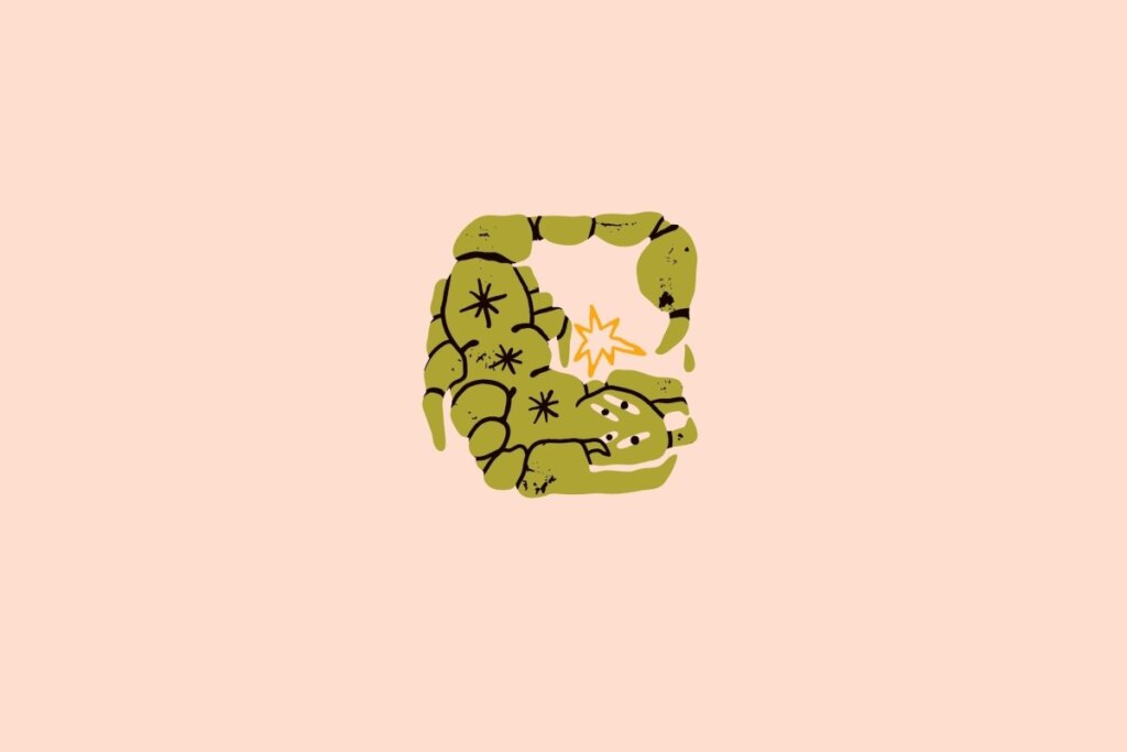 Ilustração de um escorpião verde em um fundo bege-claro