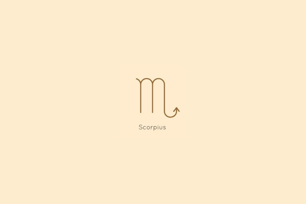 Ilustração do signo de escorpião, centralizado em um fundo amarelo, com o nome do signo abaixo