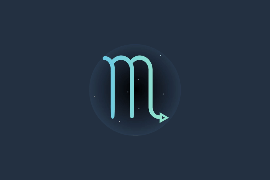 Ilustração do signo de escorpião, em verde-claro e cercado por estrelas, centralizado em fundo verde-escuro