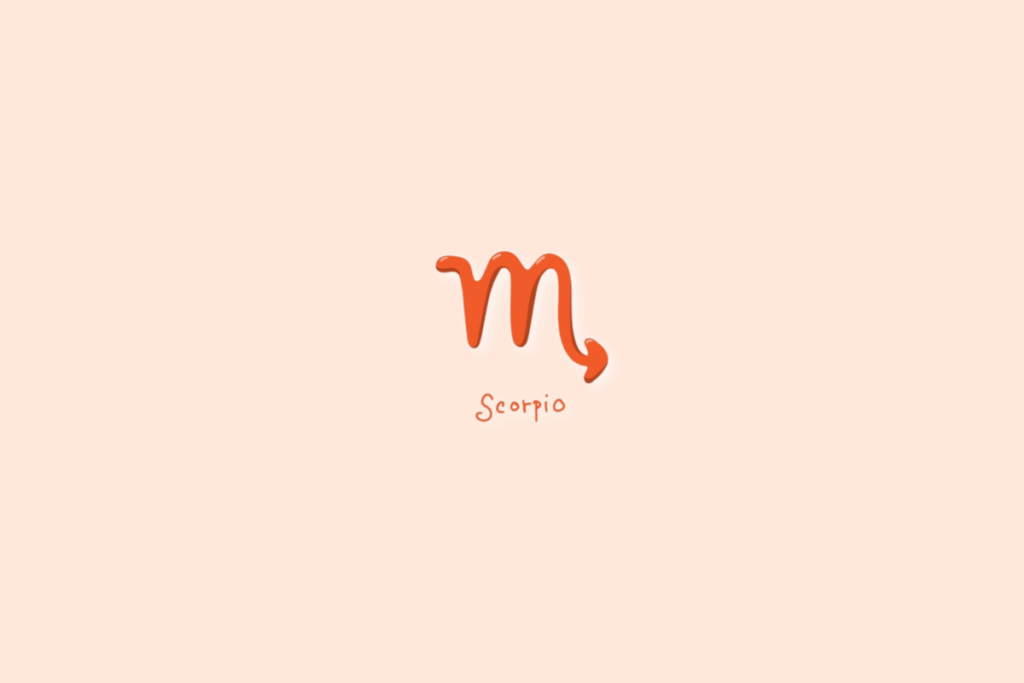 Ilustração do signo de escorpião, na cor laranja-escuro, com o nome abaixo e centralizado em fundo laranja-claro