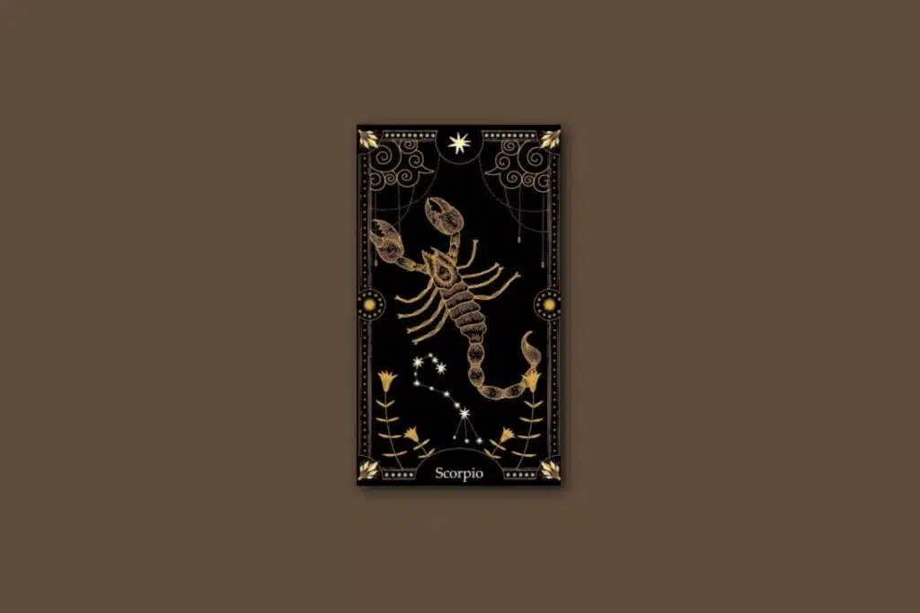 Ilustração de uma carta preta, com o desenho do signo e da constelação de escorpião, com borda dourada e estrelas