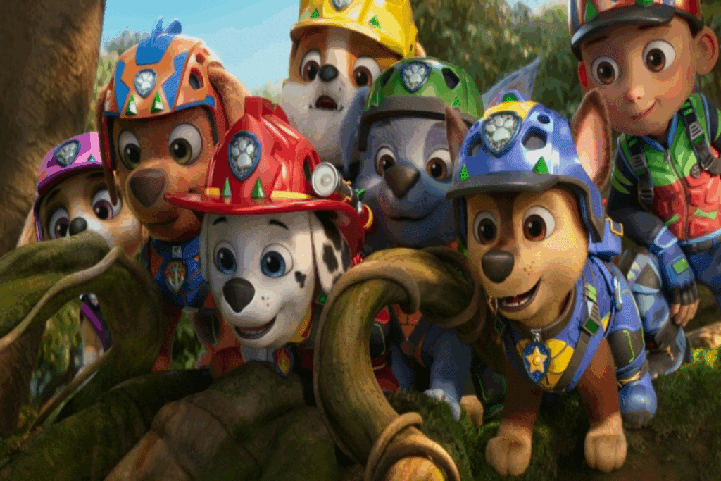 Imagem de filhotes de cachorro usando coletes e capacetes coloridos um ao lado do outro e com menino usando roupas coloridas e boné