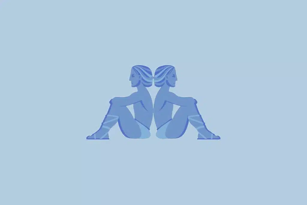 Ilustração do signo Gêmeos, com duas figuras humanas azuis sentadas de costas uma para a outra, sobre fundo azul-claro