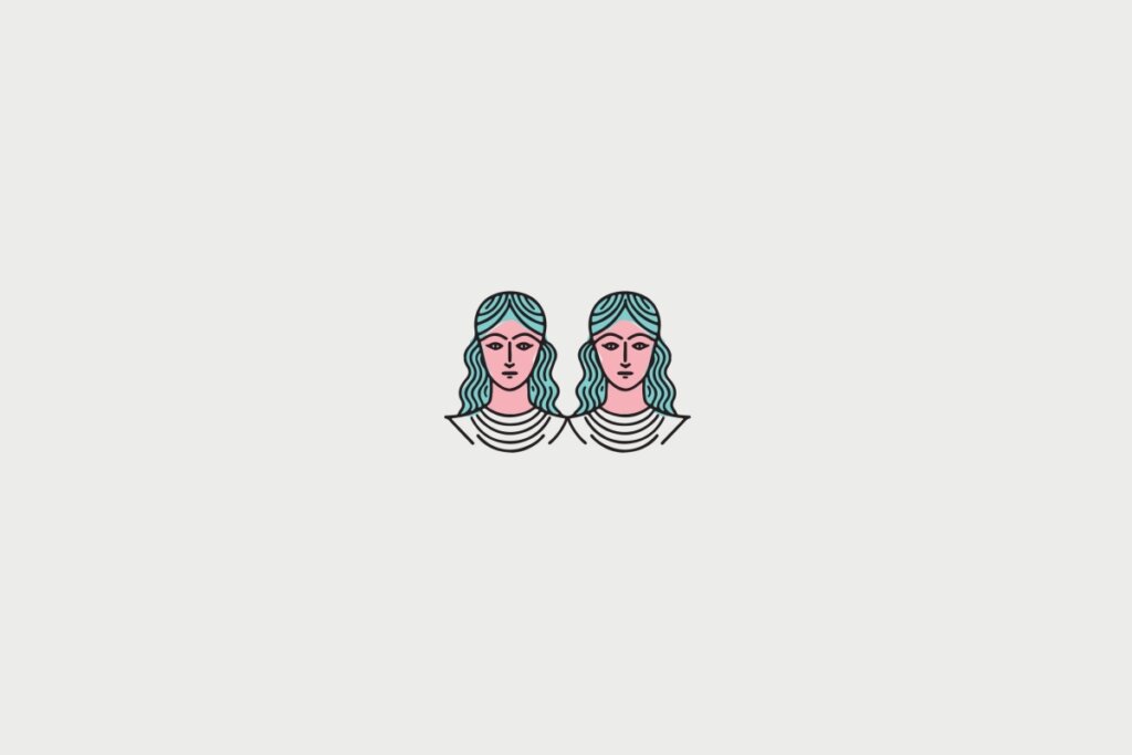 Ilustração de dois rostos, centralizado em fundo cinza-claro, representando o signo de gêmeos