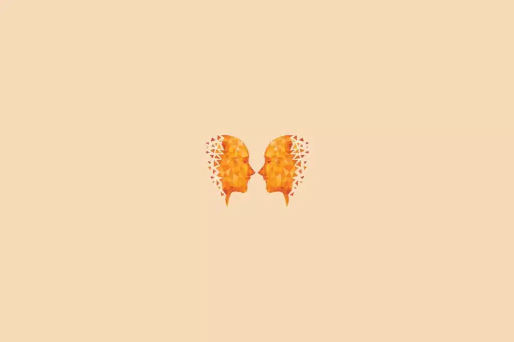 Ilustração do signo de gêmeos, na cor laranja, centralizado em um fundo laranja-claro