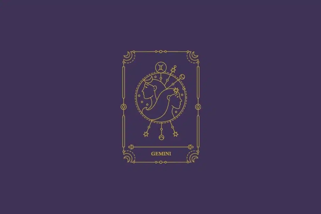 Ilustração do signo de gêmeos em dourado com detalhes na mesma cor ao redor. Fundo roxo-escuro