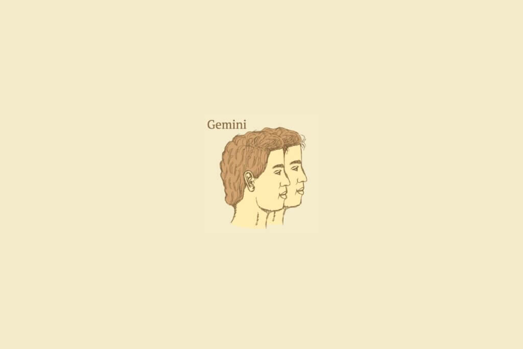 Ilustração do signo de gêmeos centralizado, com o nome do signo embaixo, em um fundo rosa-salmão