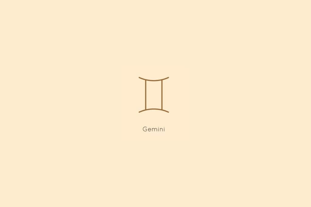 Ilustração do signo de gêmeos, centralizado em um fundo amarelo, com o nome do signo abaixo