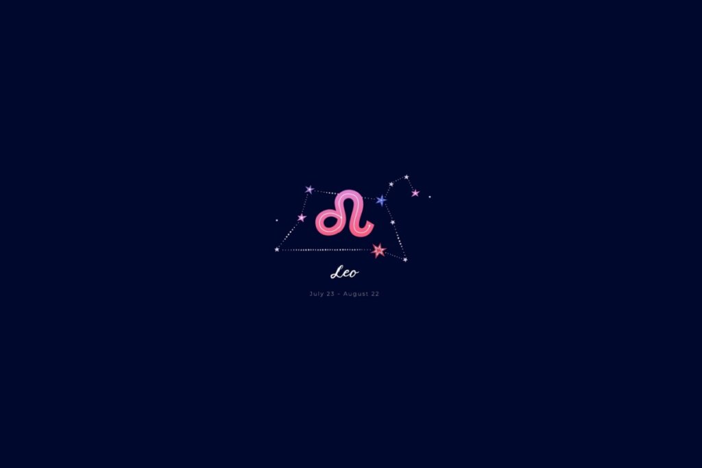 Ilustração do signo de leão, na cor rosa, sobre um fundo azul-escuro, com a constelação do signo ao redor