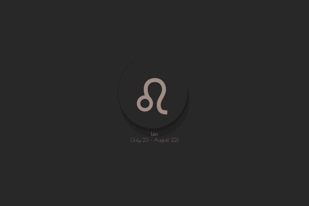 Ilustração do símbolo do signo de Leão na cor bege, centralizado em um fundo preto, com sombra ao fundo e o nome e a data do signo abaixo