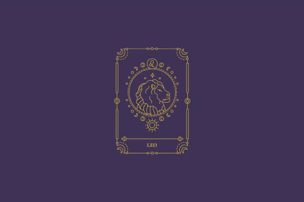 Ilustração do signo de leão em dourado com detalhes na mesma cor ao redor. Fundo roxo-escuro