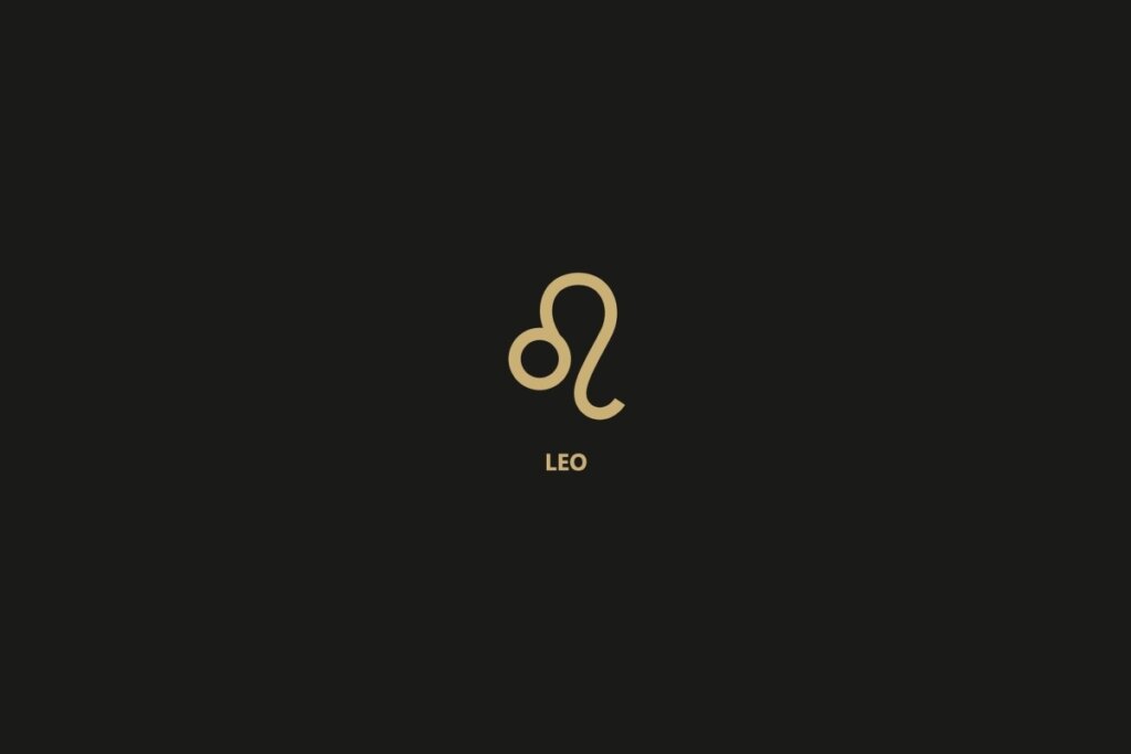 Ilustração do signo de leão sobre um fundo preto, com o nome do signo logo abaixo.