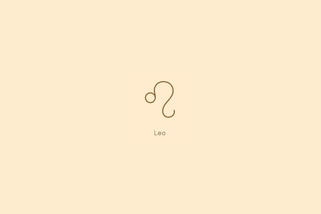 Ilustração do signo de leão, centralizado em um fundo amarelo, com o nome do signo abaixo
