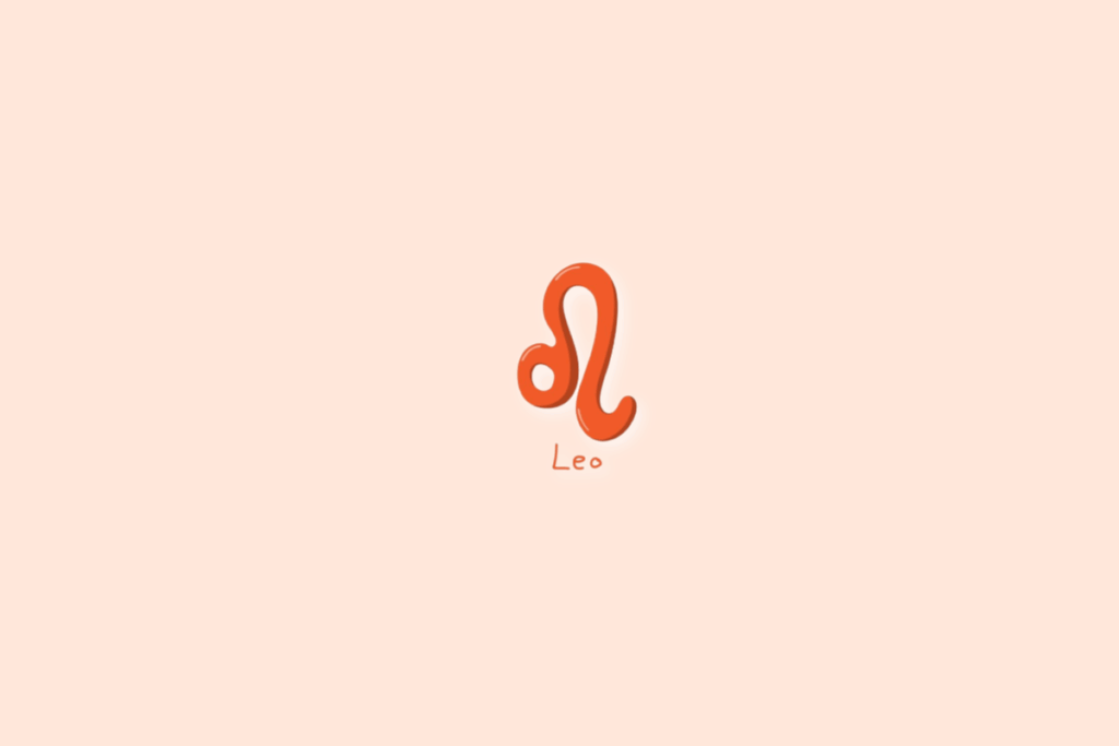 Ilustração do signo de leão, na cor laranja-escuro, com o nome abaixo e centralizado em fundo laranja-claro