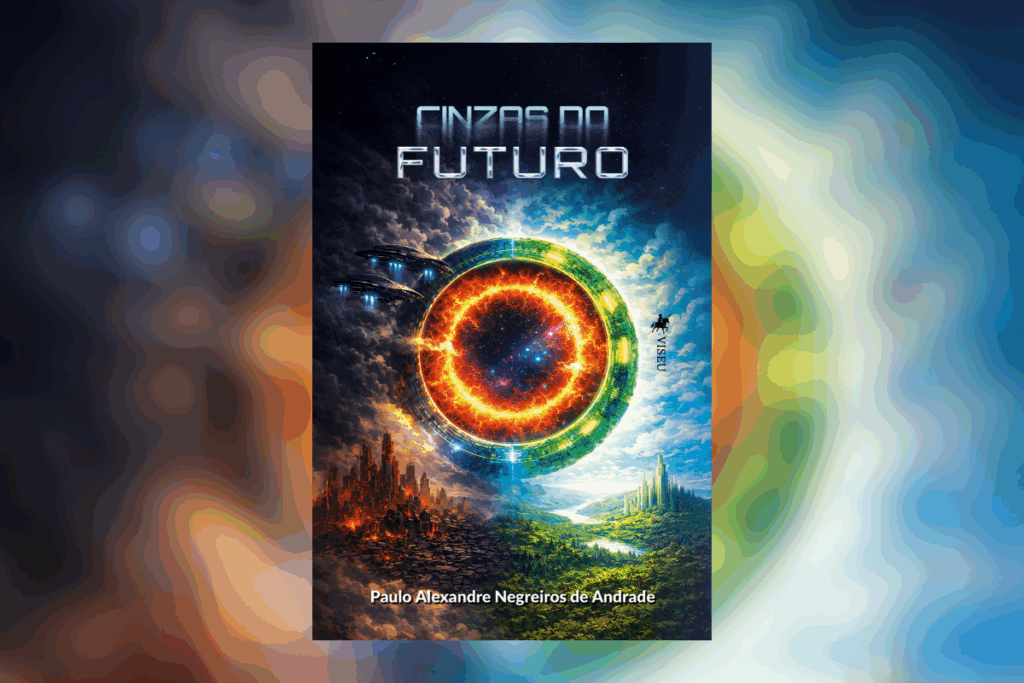 Capa de livro com ilustração de um círculo de fogo com luzes ao redor como um portal dividindo duas realidades. O título e o nome do autor estão escritos em tons de azul