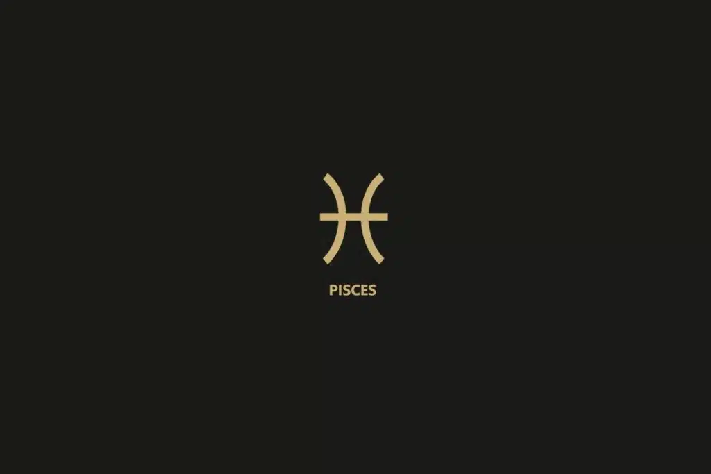 Ilustração do signo de Peixes sobre um fundo preto, com o nome do signo logo abaixo.