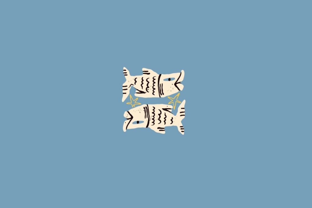 Ilustração de dois peixes em amarelo-claro sobre um fundo azul-claro