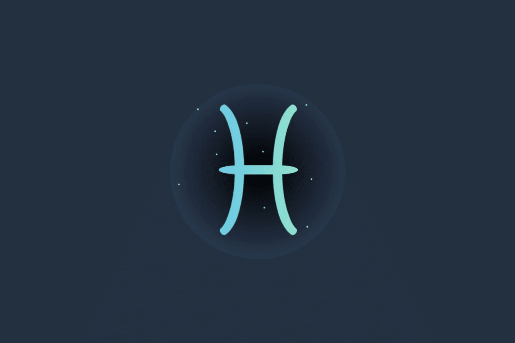 Ilustração do signo de peixes, em verde-claro e cercado por estrelas, centralizado em fundo verde-escuro