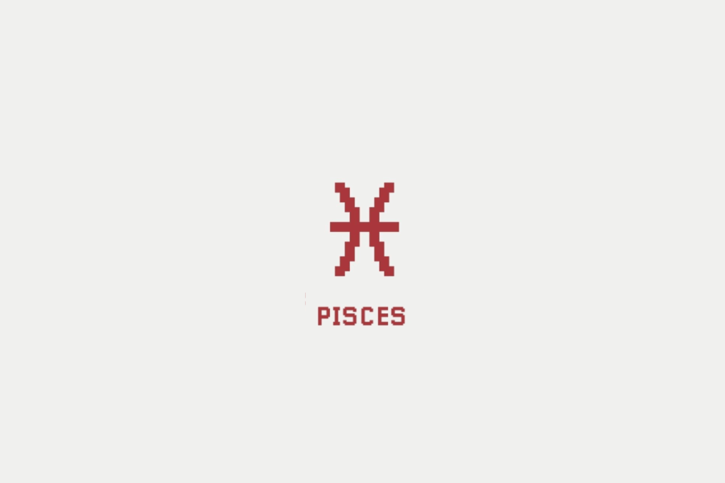 Ilustração do signo de peixes em vermelho e com o nome abaixo, centralizado em um fundo cinza-claro