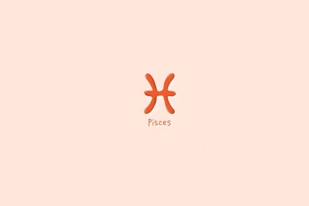 Ilustração do signo de peixes, na cor laranja-escuro, com o nome abaixo e centralizado em fundo laranja-claro