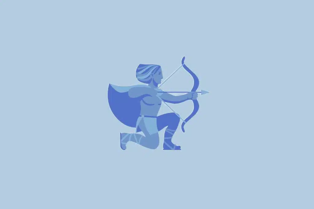 Ilustração do signo Sagitário, com um arqueiro azul posicionada para disparar uma flecha, sobre fundo azul-claro