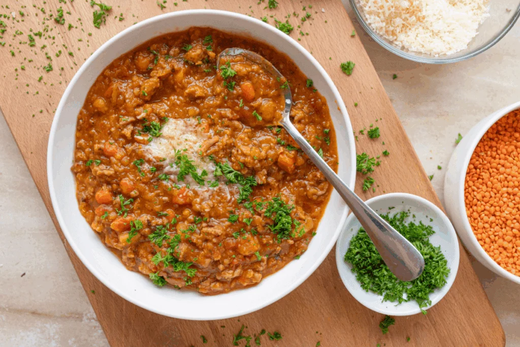 Ensopado de lentilha vermelha com carne moída em bowl branco, polvilhado com queijo parmesão e salsinha