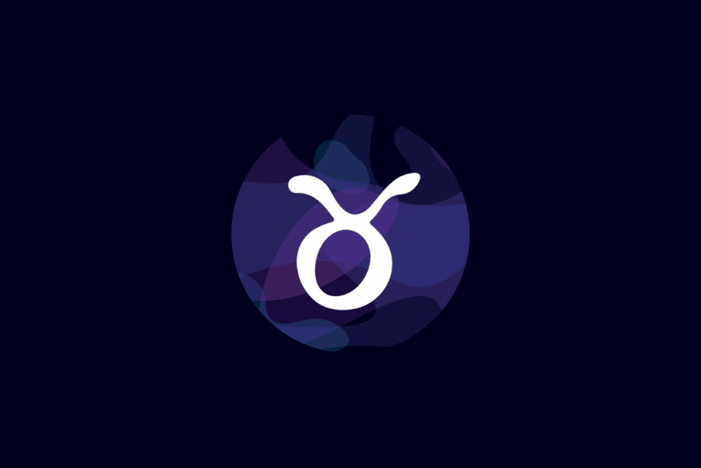Ilustração do símbolo do signo de touro em branco, centralizado sobre um círculo com tons de azul e roxo, em fundo azul-escuro.