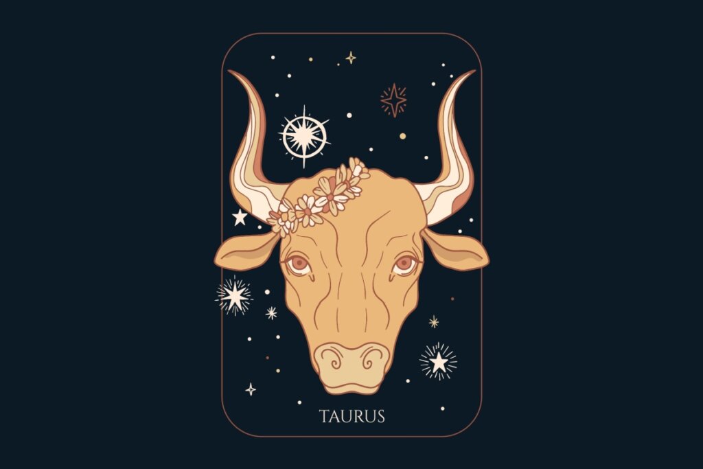 Ilustração do signo de Touro em laranja sobre fundo verde-escuro