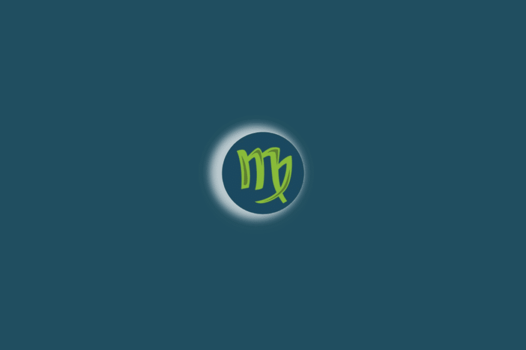 Ilustração do símbolo do signo de virgem com luz branca ao redor. Fundo verde-escuro