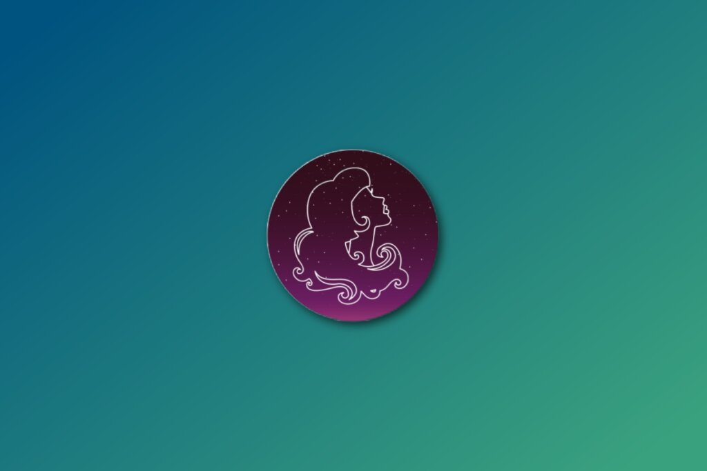 círculo azul com ilustração branca da cabeça de uma mulher representando o signo de virgem sobre fundo verde