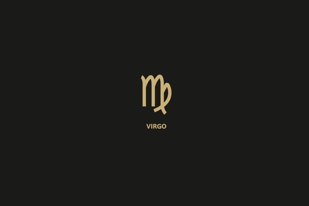 Ilustração do signo de Virgem sobre um fundo preto, com o nome do signo logo abaixo.