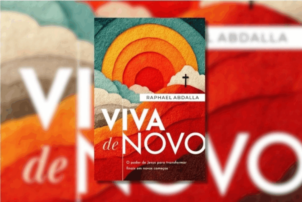 Capa do livro "Viva de novo", com a ilustração de um arco-íris no céu e uma cruz do lado direito dele