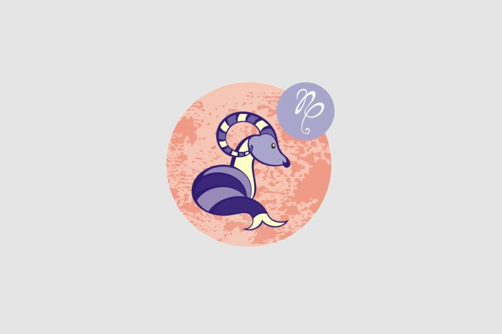 Ilustração do signo de Capricórnio, com um animal híbrido de corpo roxo e chifres listrados, dentro de um círculo rosado. O fundo da imagem é composto pela cor cinza