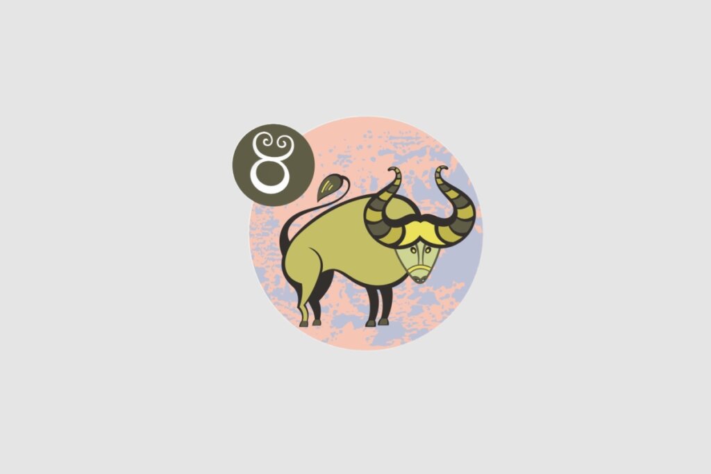 Imagem ilustrativa do signo de Touro com um touro robusto de chifres curvados, dentro de um círculo rosado. O fundo da imagem é composto pela cor cinza