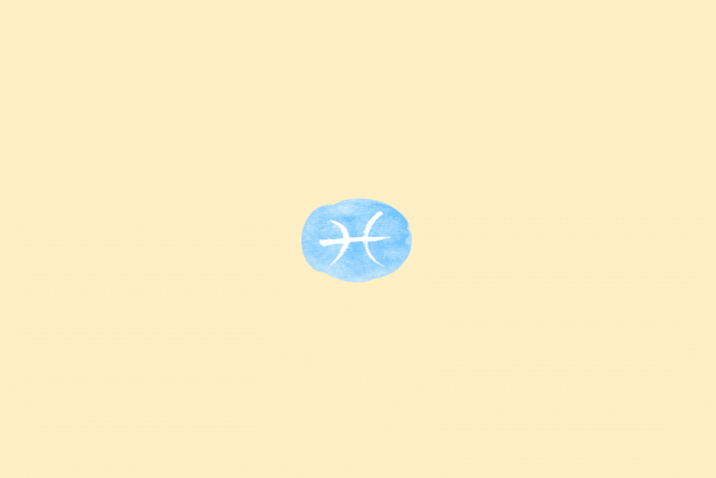 Símbolo do signo de Peixes em branco dentro de círculo azul em fundo amarelo