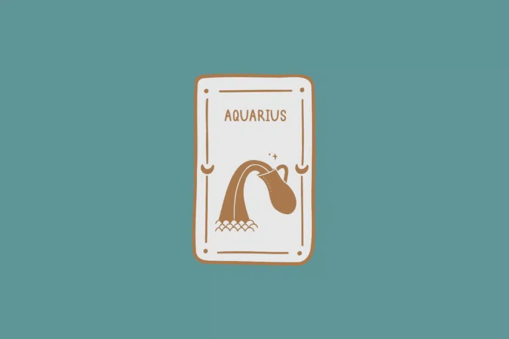 Ilustração do signo de Aquário, em fundo verde-azulado, contendo um jarro inclinado de onde saem linhas onduladas