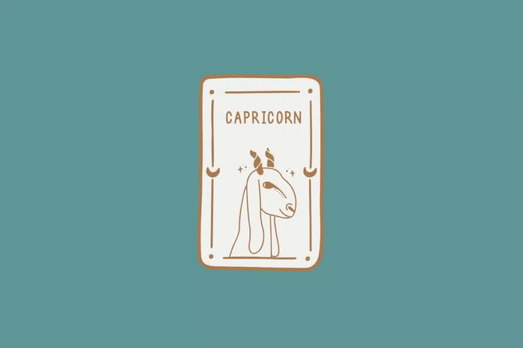 Ilustração do signo de Capricórnio, em fundo verde-azulado, contendo a cabeça de uma cabra com chifres curvos, focinho alongado e detalhes em linhas suaves 