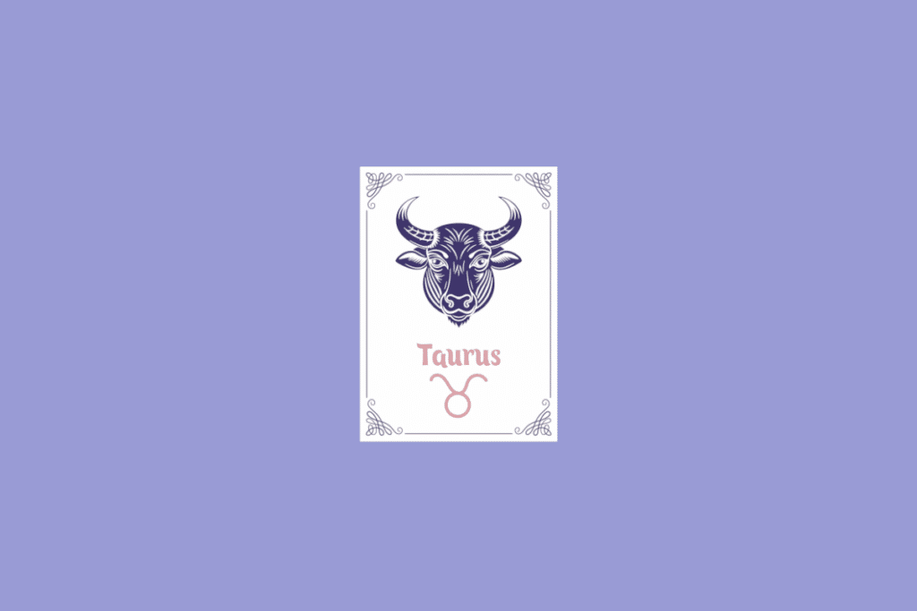 Ilustração do signo de Touro, em fundo lilás, contendo uma carta branca com bordas ornamentadas, a cabeça de um touro de chifres erguidos em roxo-escuro e, abaixo, o nome "Taurus" e o símbolo do signo em rosa