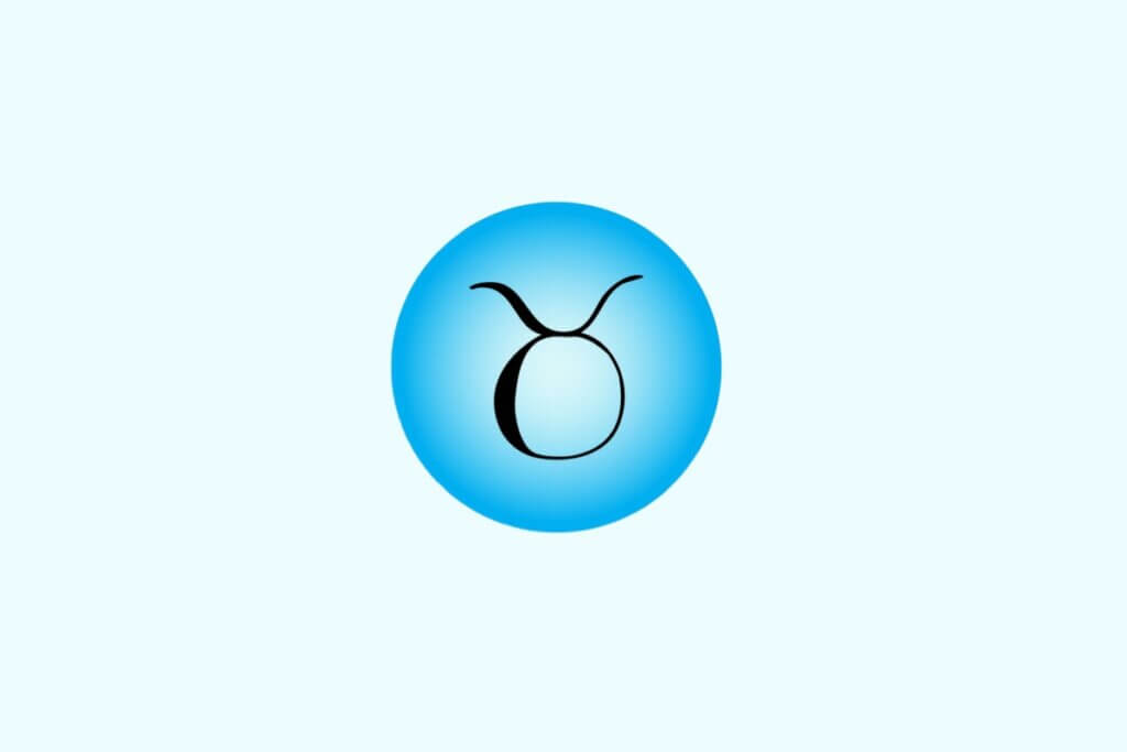 Ilustração do signo de Touro contendo o símbolo de um círculo com duas curvas na parte superior, representando chifres, em fundo azul-claro
