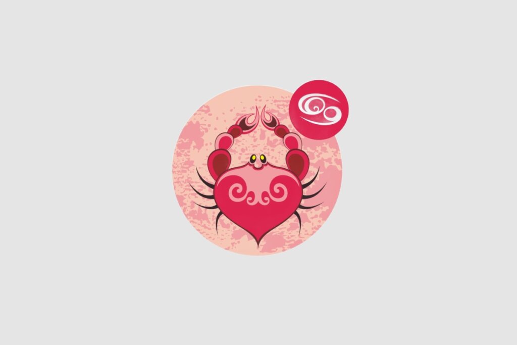 Ilustração do signo de Câncer, com um caranguejo rosa estilizado, dentro de um círculo rosado. O fundo da imagem é composto pela cor cinza